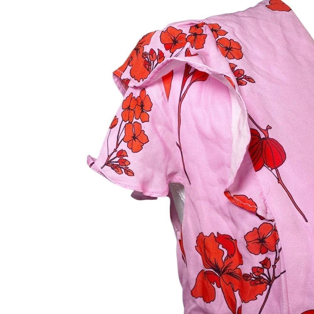 Parker Pink & Red Floral Pink Wrap Dress with Flounce Sleeves - Picture 5 of 16